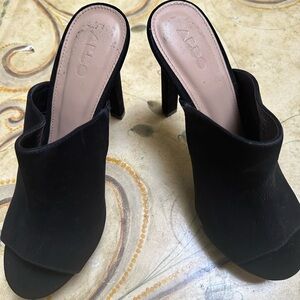 Aldo Black Suede Peep-Toe Mule Heels – Size 8, 5” Heel